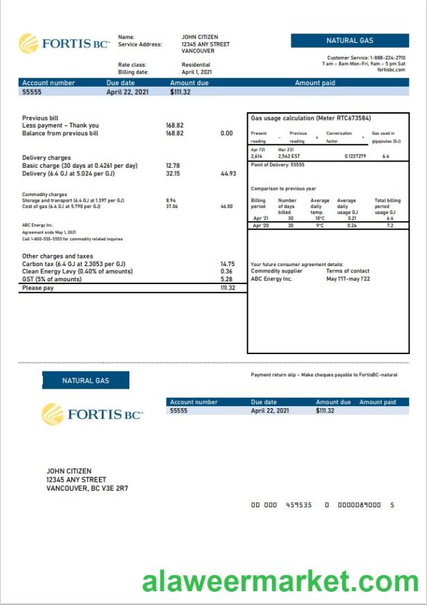 Canada British Columbia FortisBC utility bill template in Word and PDF format